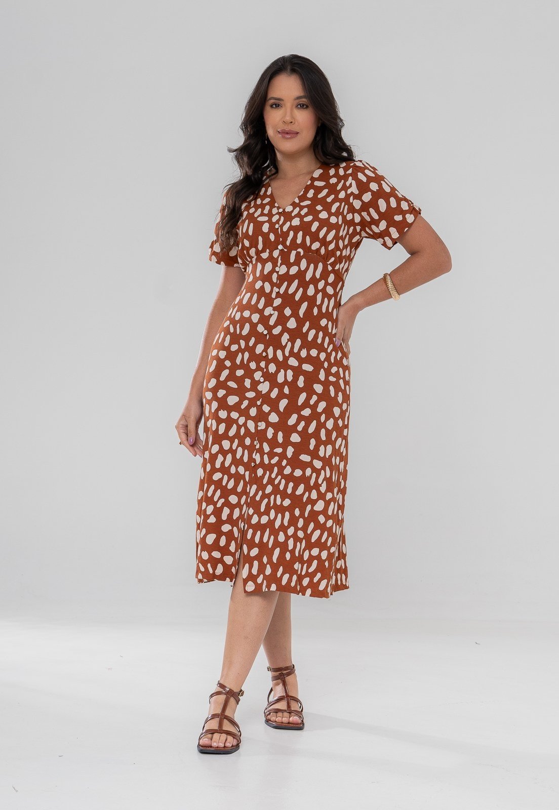 Vestido Aura Midi Celina Viscolycra Pintas Caramelo