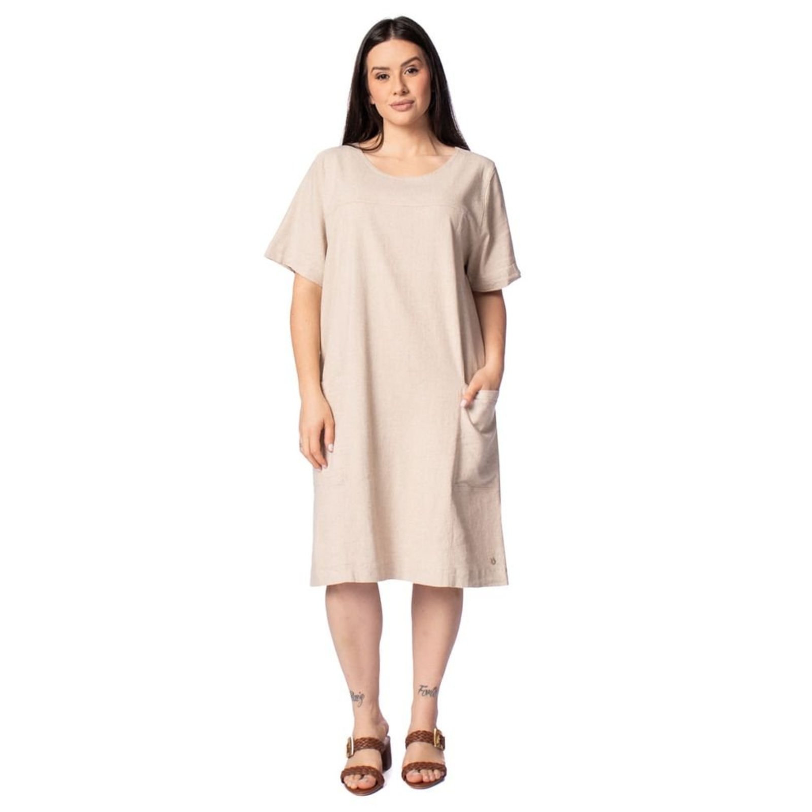Vestido Feminino Biamar Reto Bolsos Laterais Bege Claro