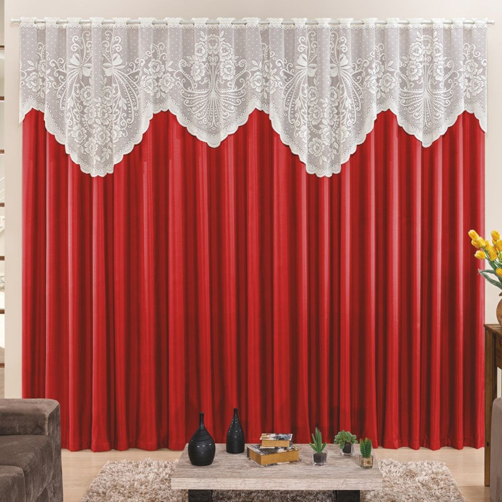 Cortina 2,00m X 1,70m Momento Sala Quarto Renda com Microfibra p Varão Vermelha