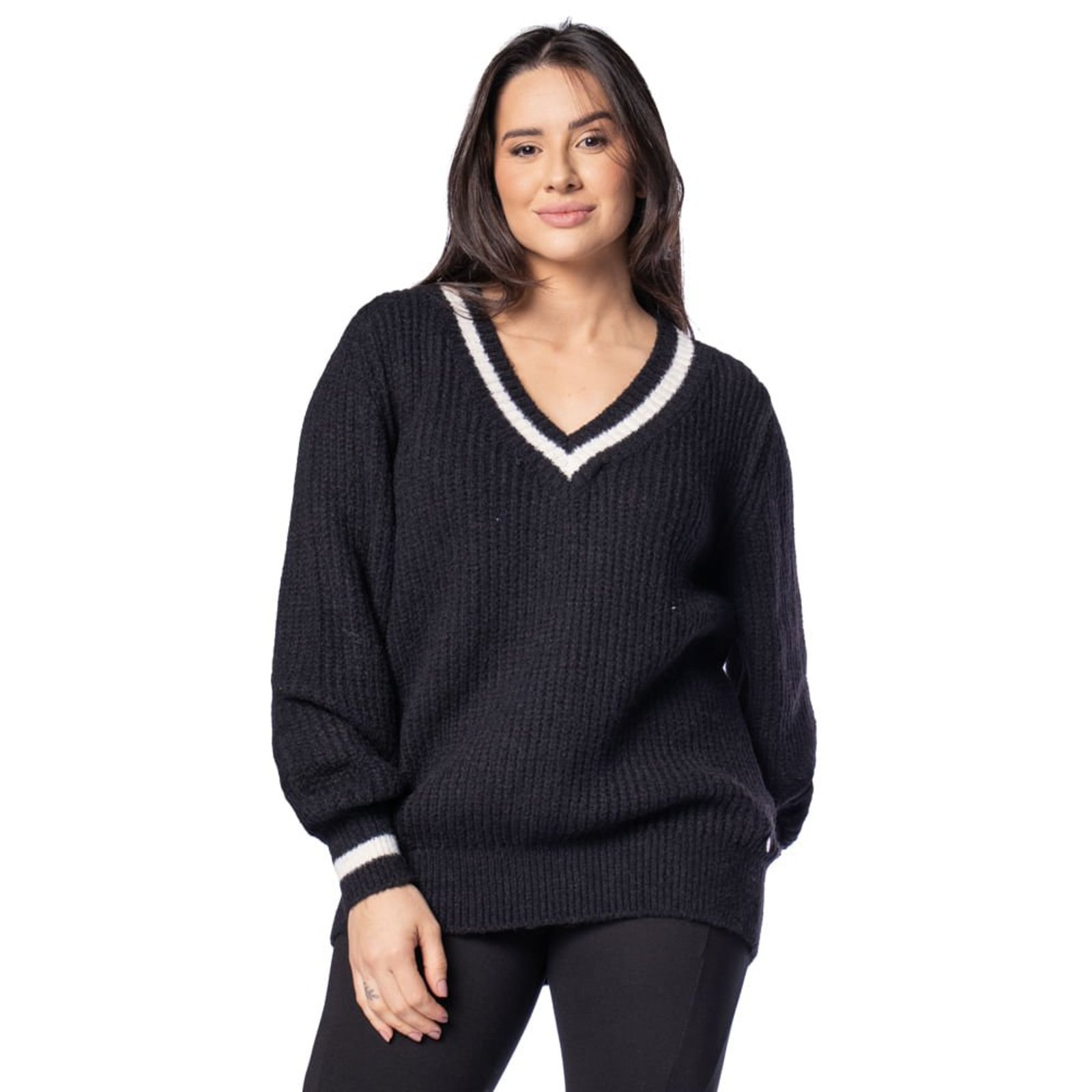Blusa Feminina Biamar Canelada Decote V Preto/Branco