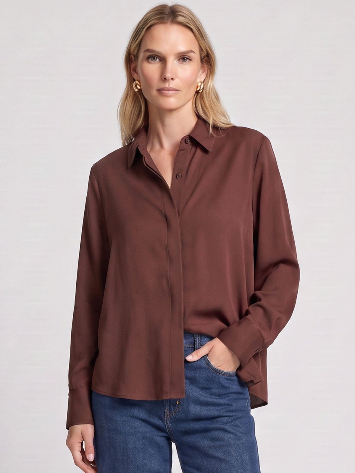 Camisa Feminina Comfy Manga Longa Marrom Malika