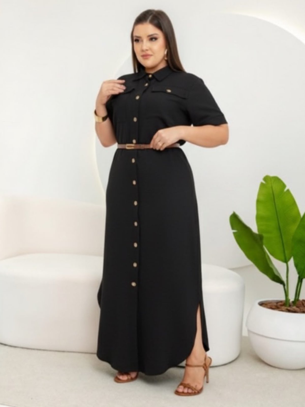 Vestido Feminino Casual Elegante Chemise com Cinto Manga Curta Social Trabalho Preto