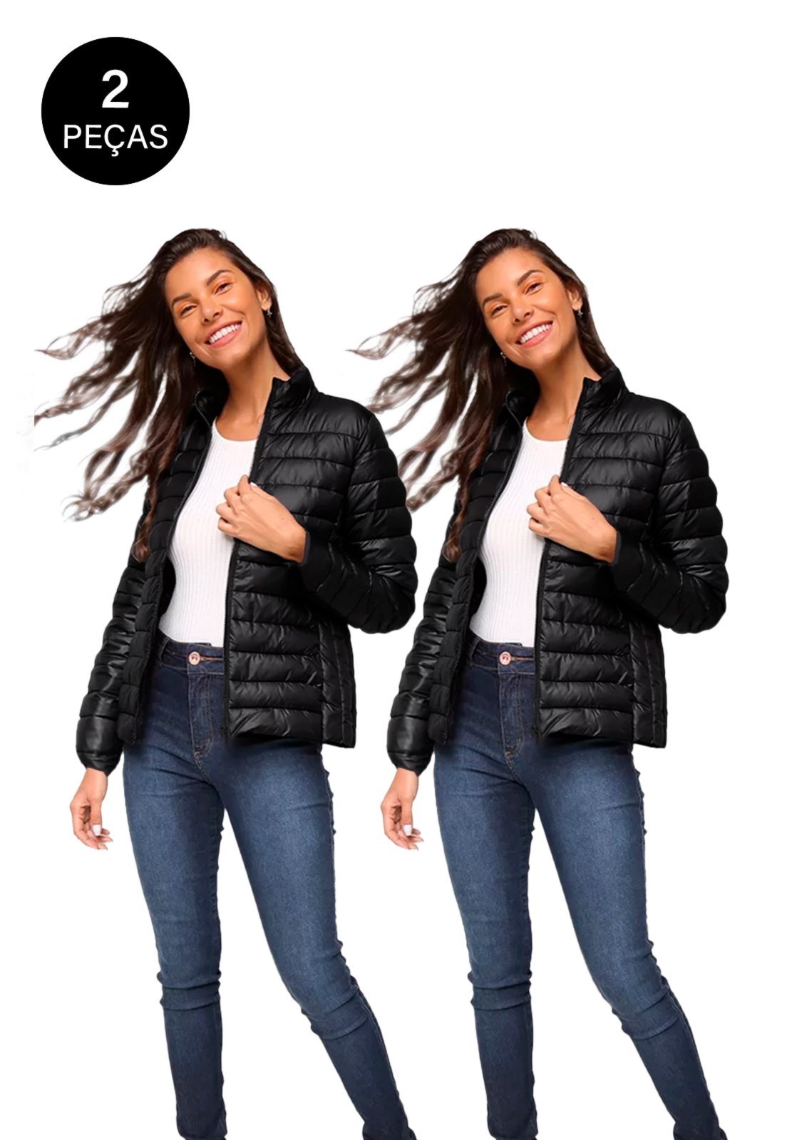 Kit 2 Jaquetas Puffer WA Feminina Bobojaco com Bolsos e Capuz Removível Preto