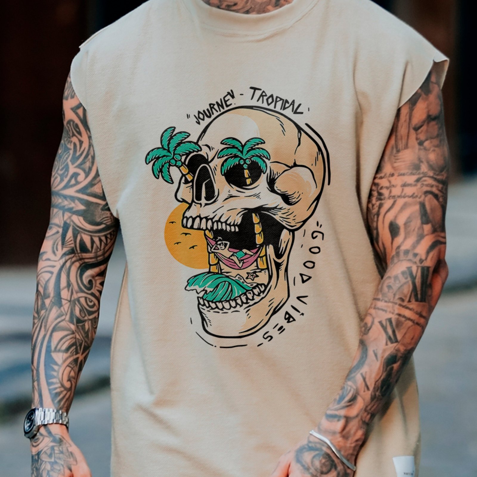 Camiseta Regata Machão Caveira Verão Tropical Hype Streetwear Off White