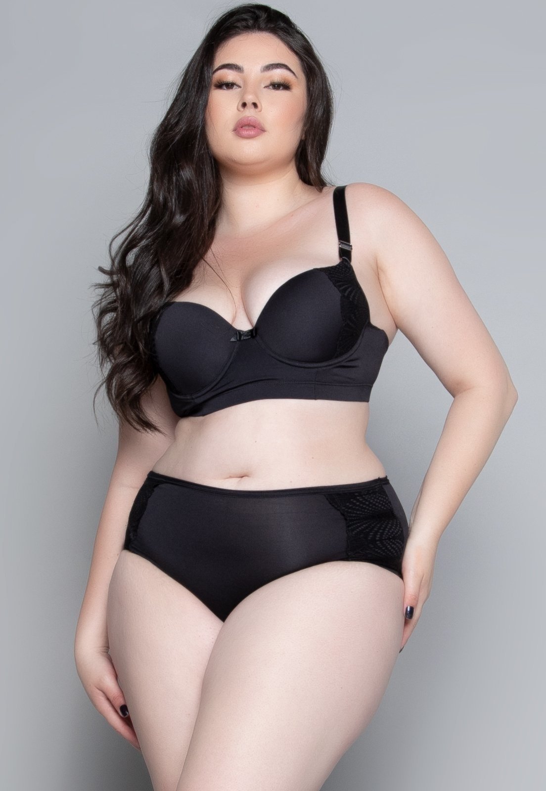 Conjunto Lingerie Bella Fiore Modas Plus Size Luxo Com Bojo Preto