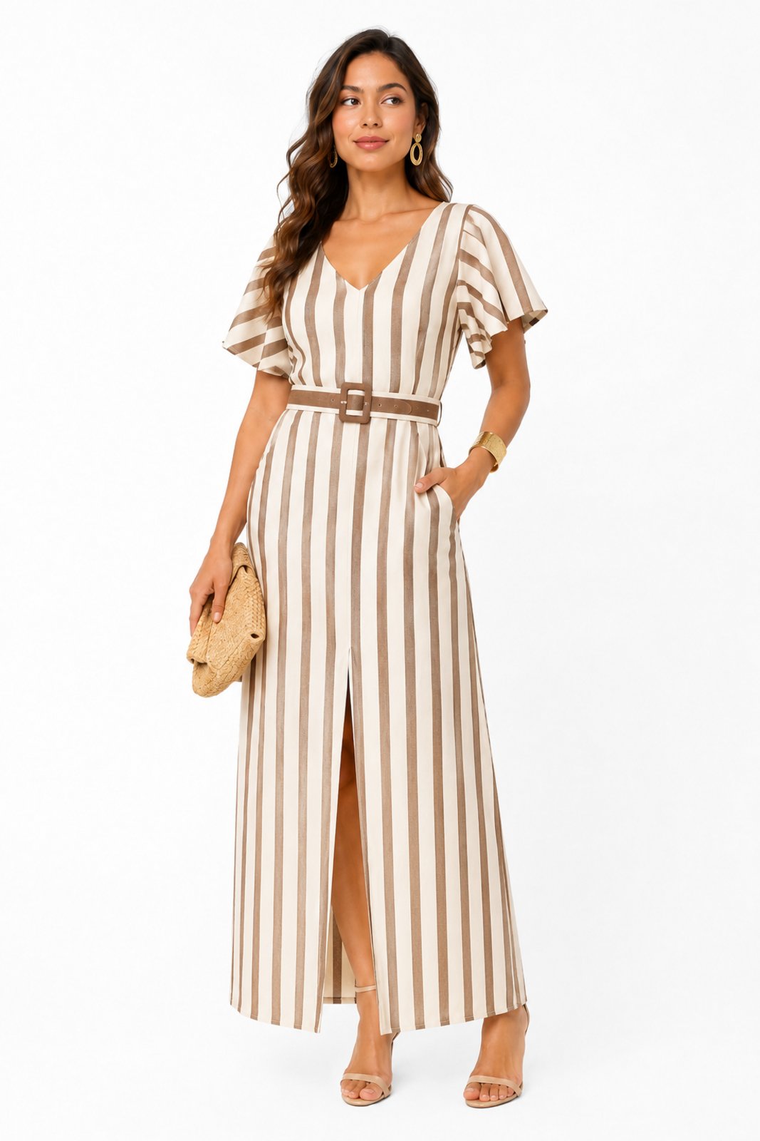 Vestido Midi D Bell Outlet Fashion Listras Marrom