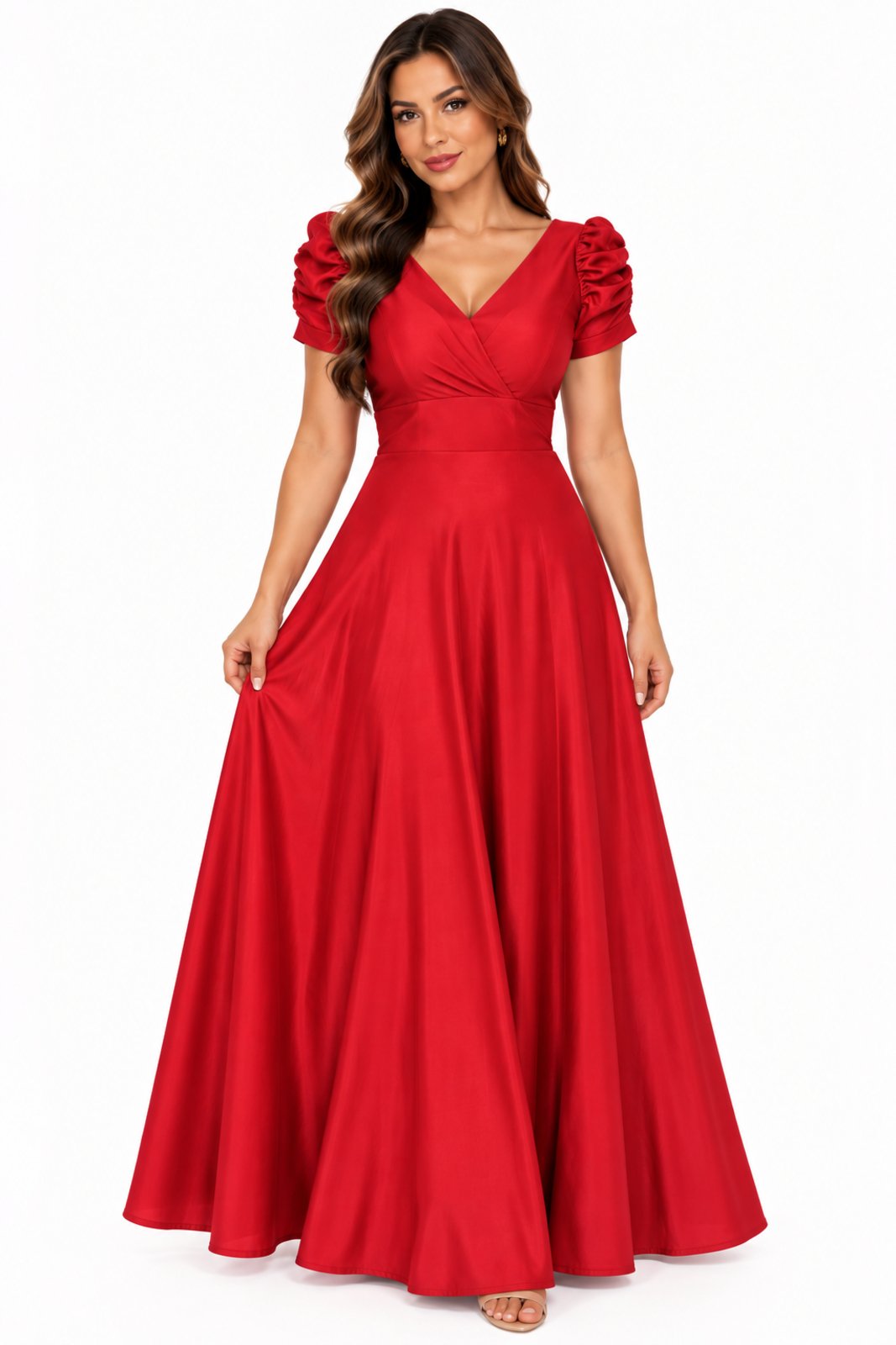 Vestido Longo D Bell Outlet Fashion Cetim Manga Bufante Vermelho