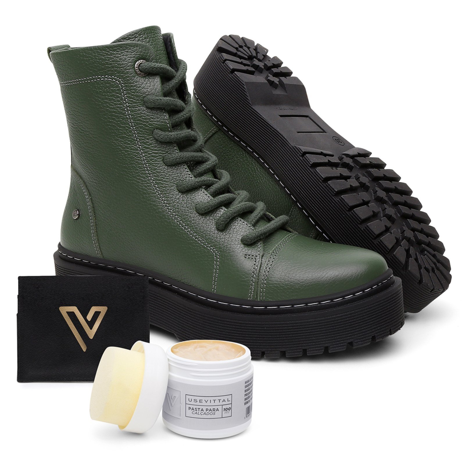 Bota Coturno Feminino em Couro C/ Porta Cartão e Creme Hidratante Vittal Verde