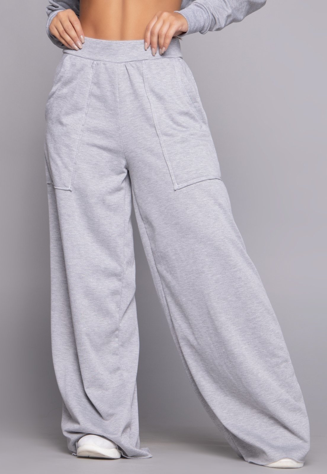Calça Pantalona WLS Modas Cintura Alta Flare Bolso Moletinho Wide Leg Cinza