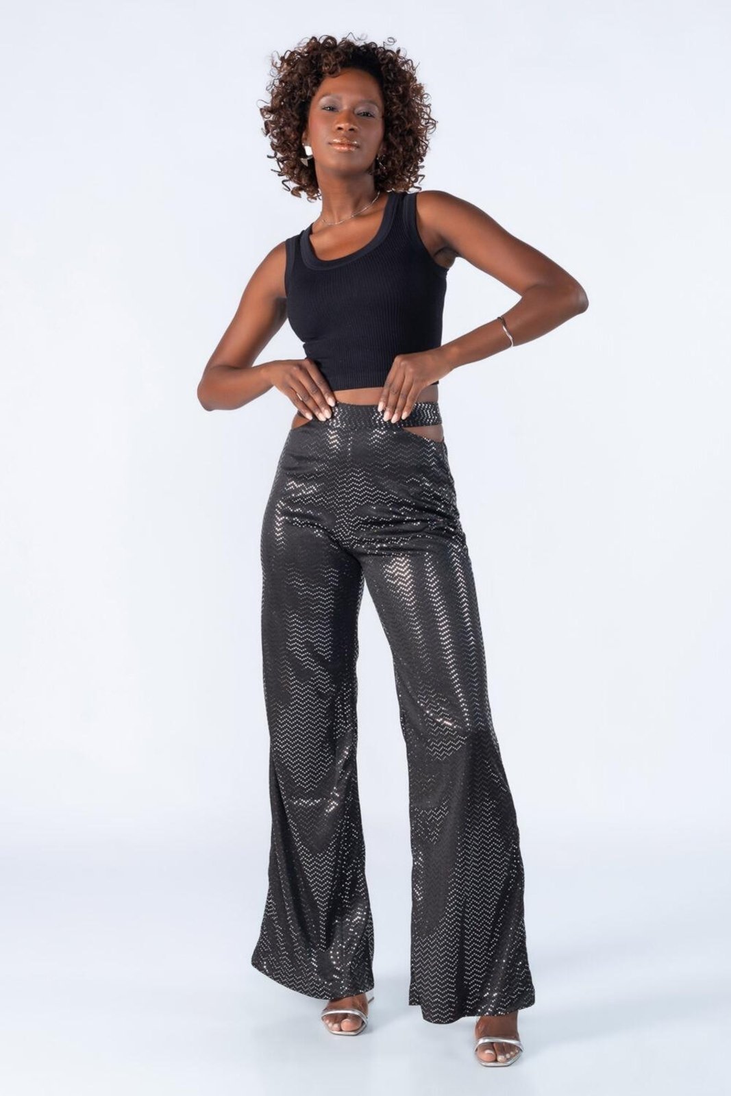 Calca brilho pantalona cos duplo Preto