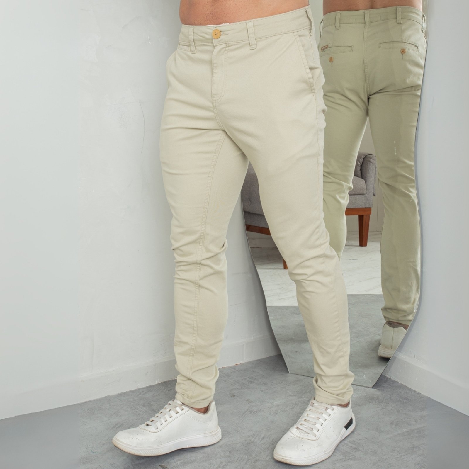 Calça Chino Sarja Com Bolso Embutido Masculina Revanche Pernes
