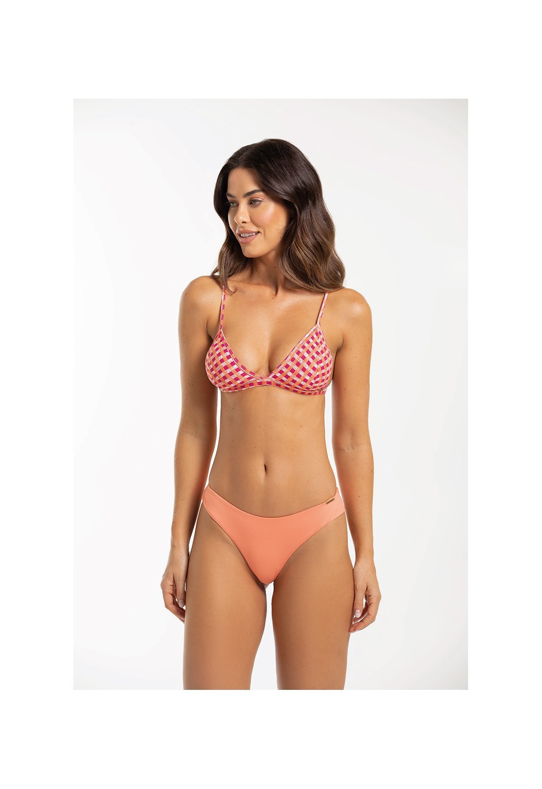 Conjunto Biquíni Cortininha Fixo Com Calcinha Fio Xadrez Vichy Pink e Laranja
