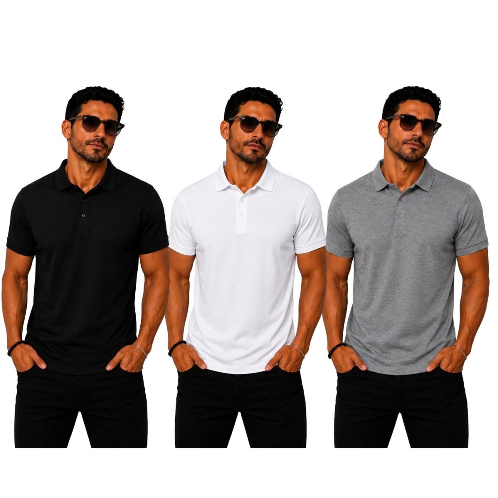 Kit 3 Camisas Polo Poliamida Masculina Básica Premium Multicolorido