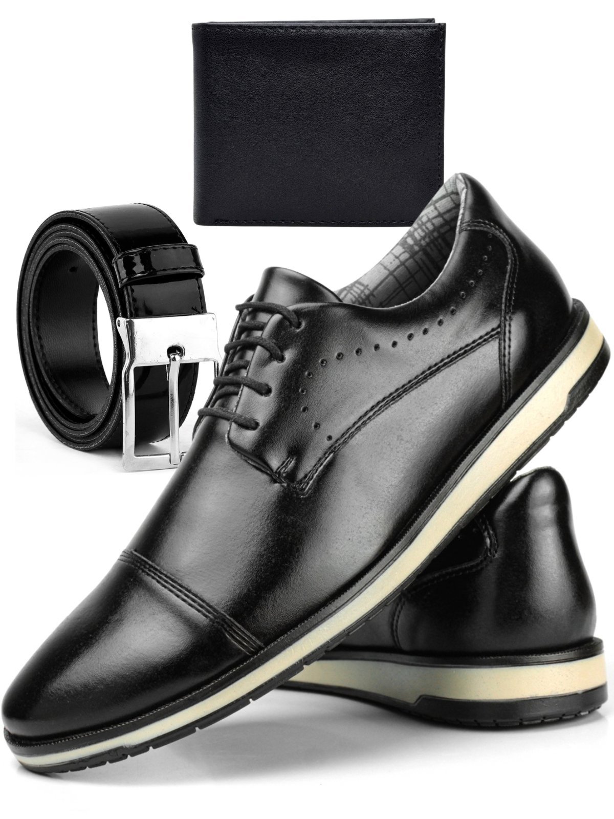 Kit Sapato Oxford Masculino Social Sapatofran Cadarço + Cinto Com Carteira Confortável Confort Preto