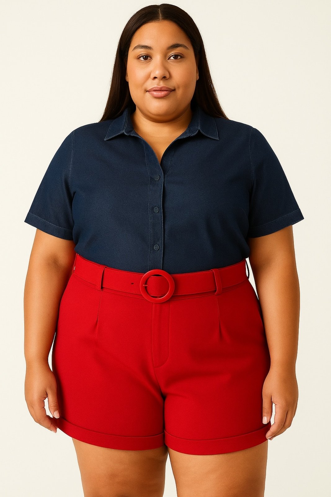 Shorts Feminino Plus Size Vermelho com Cinto Elegante