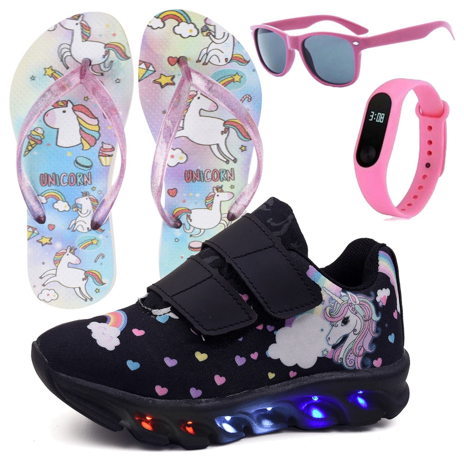 Infantil – Tênis Feminino de Led Unicornio Menina Preto Tira Colante com Chinelo Óculos e Relógio