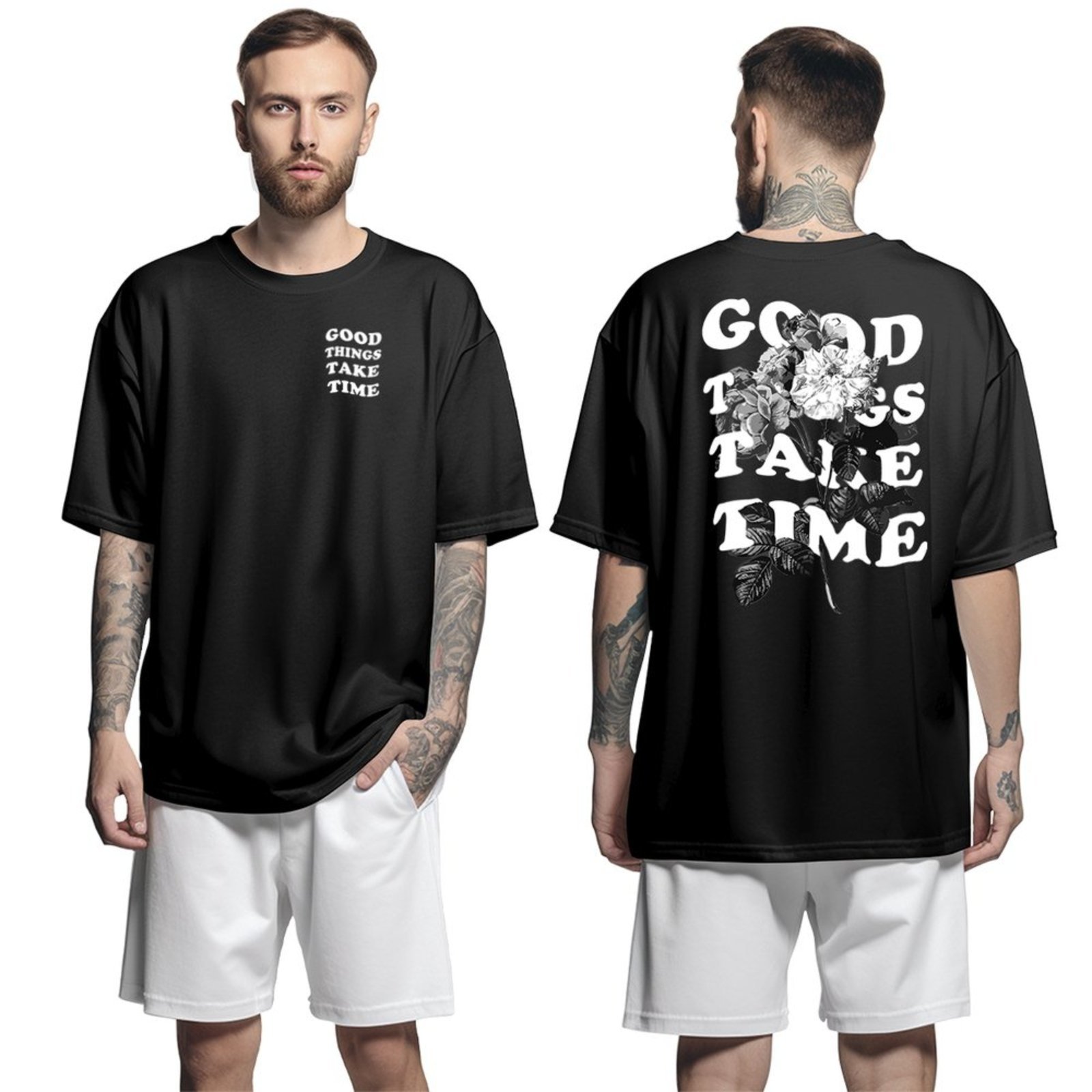 Camiseta Oversized Streetwear Genuine Grit Masculina Larga 100% Algodão 30.1 Good Things Take Time – Preto – P