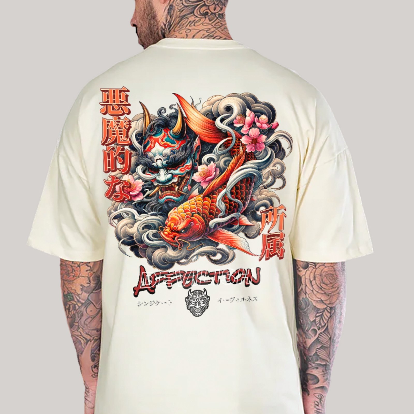 Camiseta Oversized Premium Oni Demon Koi Fish Japan Streetwear Unissex Off White
