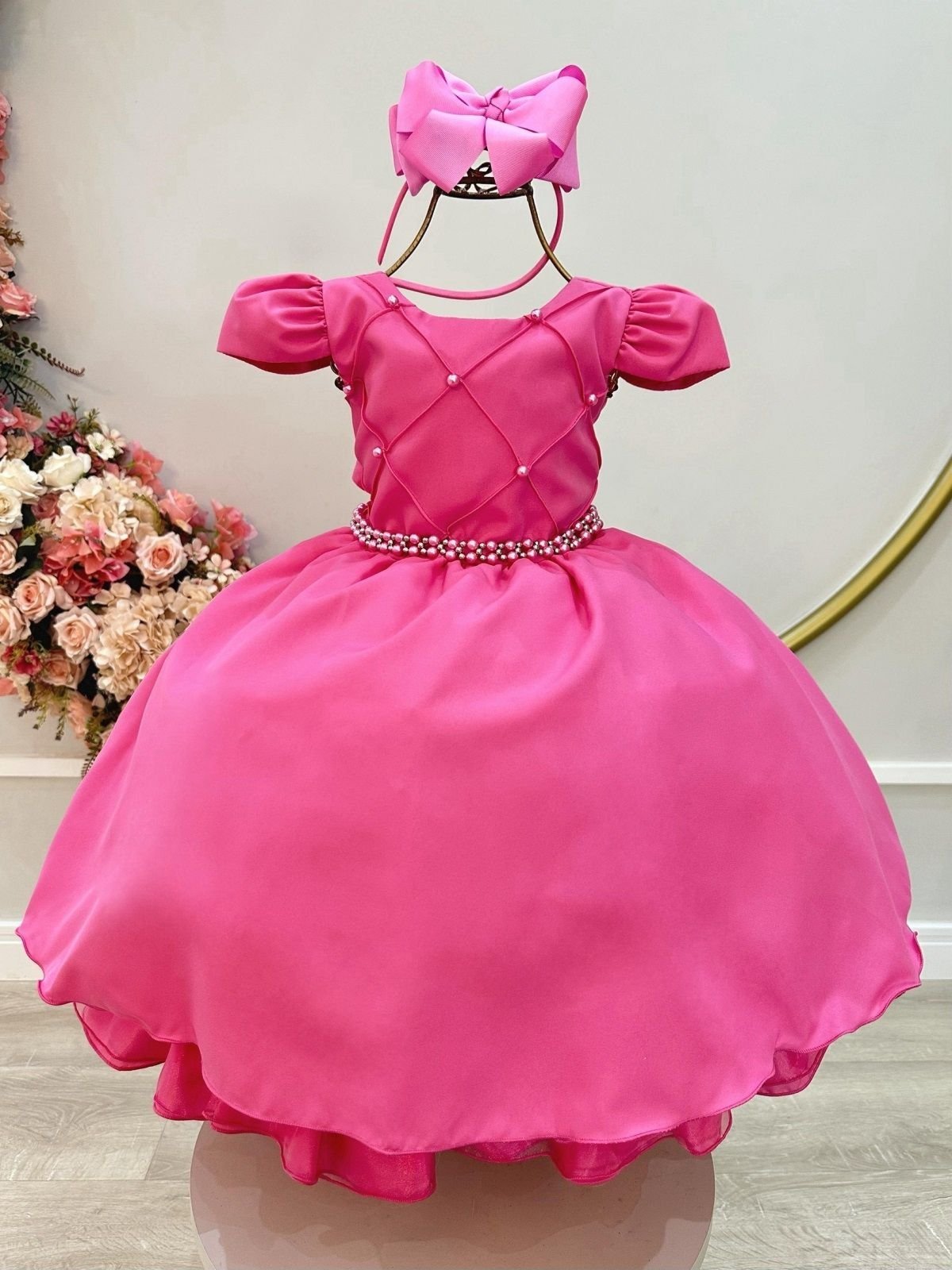 Infantil - Vestido Menina Juvenil Festa Rosa Chiclete Pink Pérolas Formatura Casamento Juvenil Princesa Social Rodado Florista Dama Daminha Aniversário Luxo