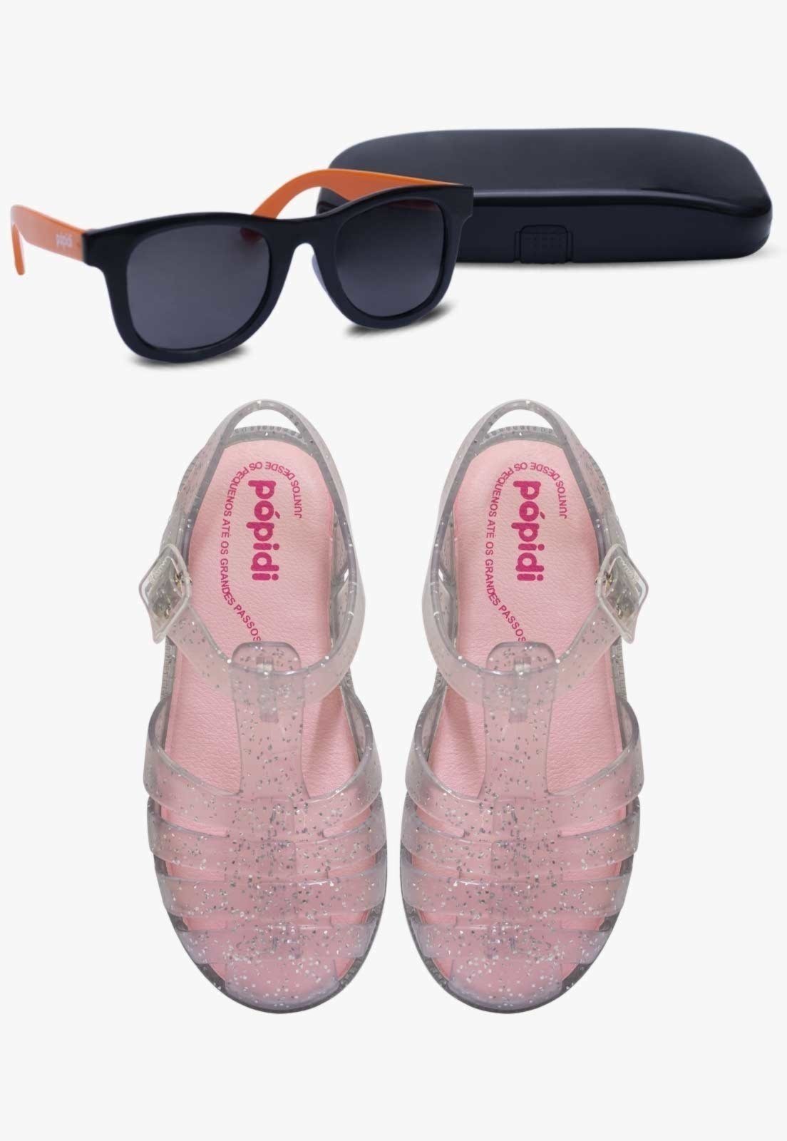 Infantil – Kit Sandália Aranha Glitter Prata Com Óculos de Sol Laranja Com Capinha