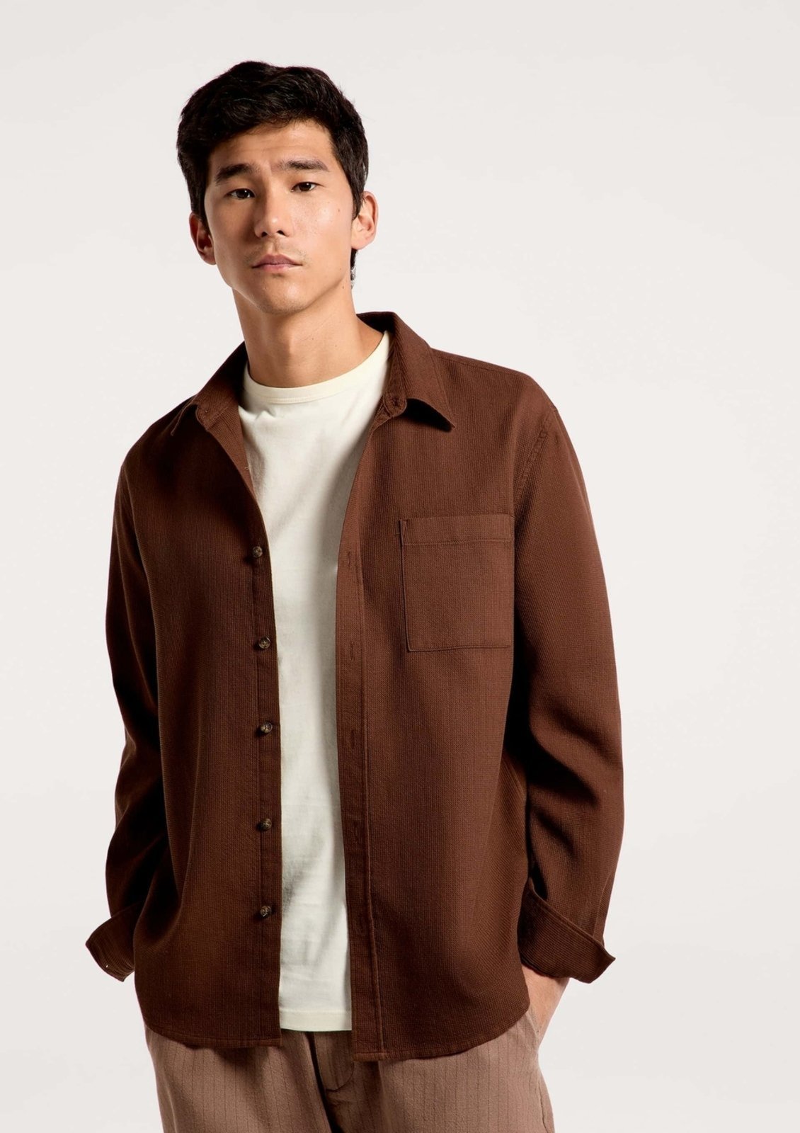 Camisa Masculina Algodão Manga Longa - Marrom P