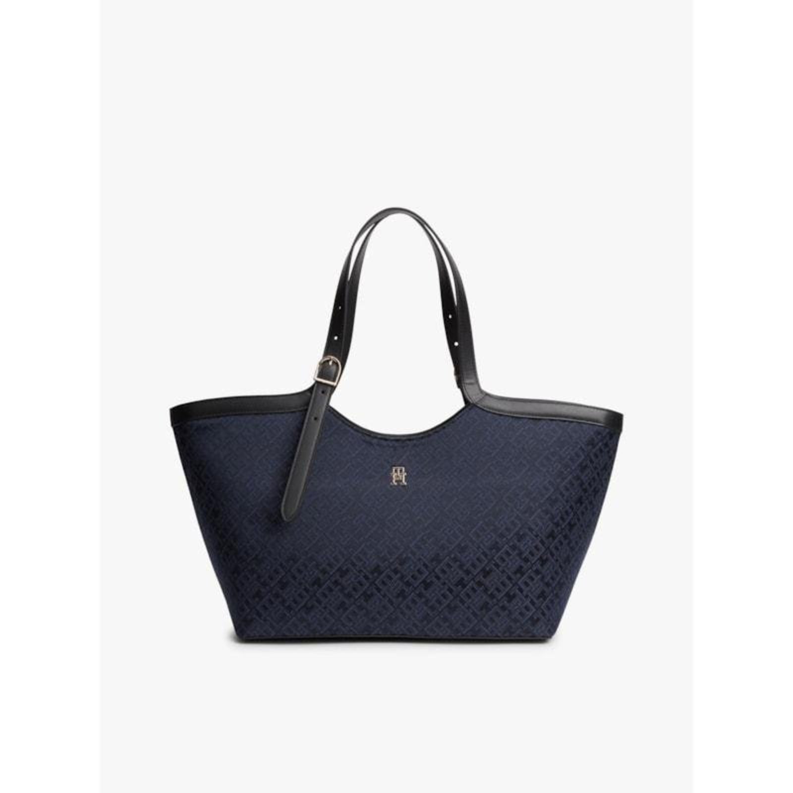 Bolsa Tote Jacquard com Monograma Th Azul Marinho
