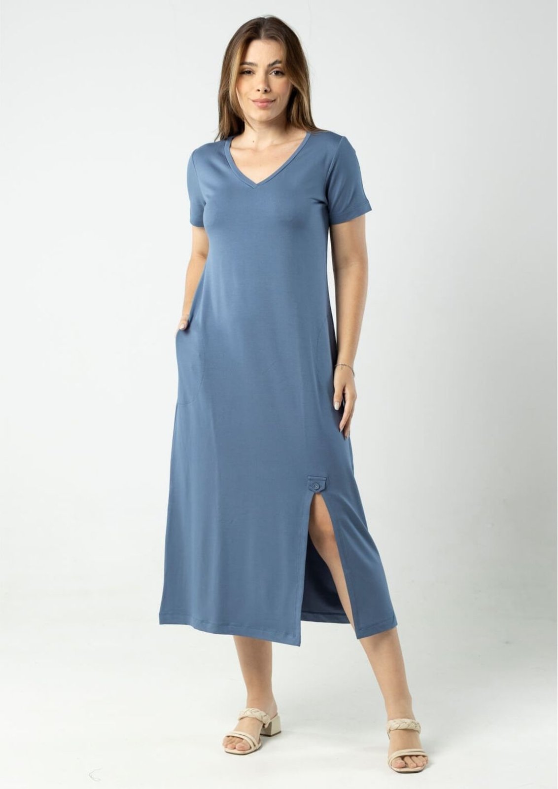 Vestido Midi Manga Curta Pau a Pique Azul AZUL – XL Pau a Pique