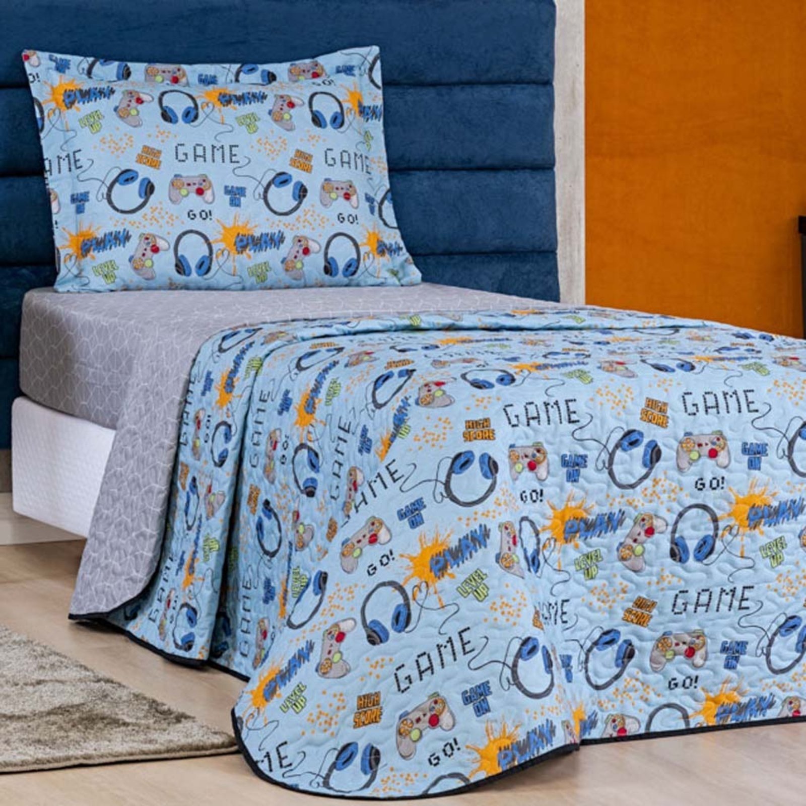 Kit Cobre Leito Colcha Solteiro Casa Scarpa Fantasy Dupla Face Microfibra 2 Peças – Games – Azul