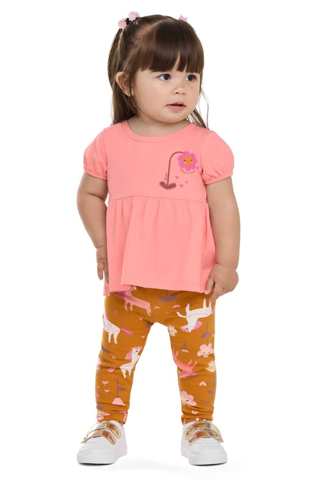 Infantil - Conjunto Menina Curto Flor em Puff Elian Rosa