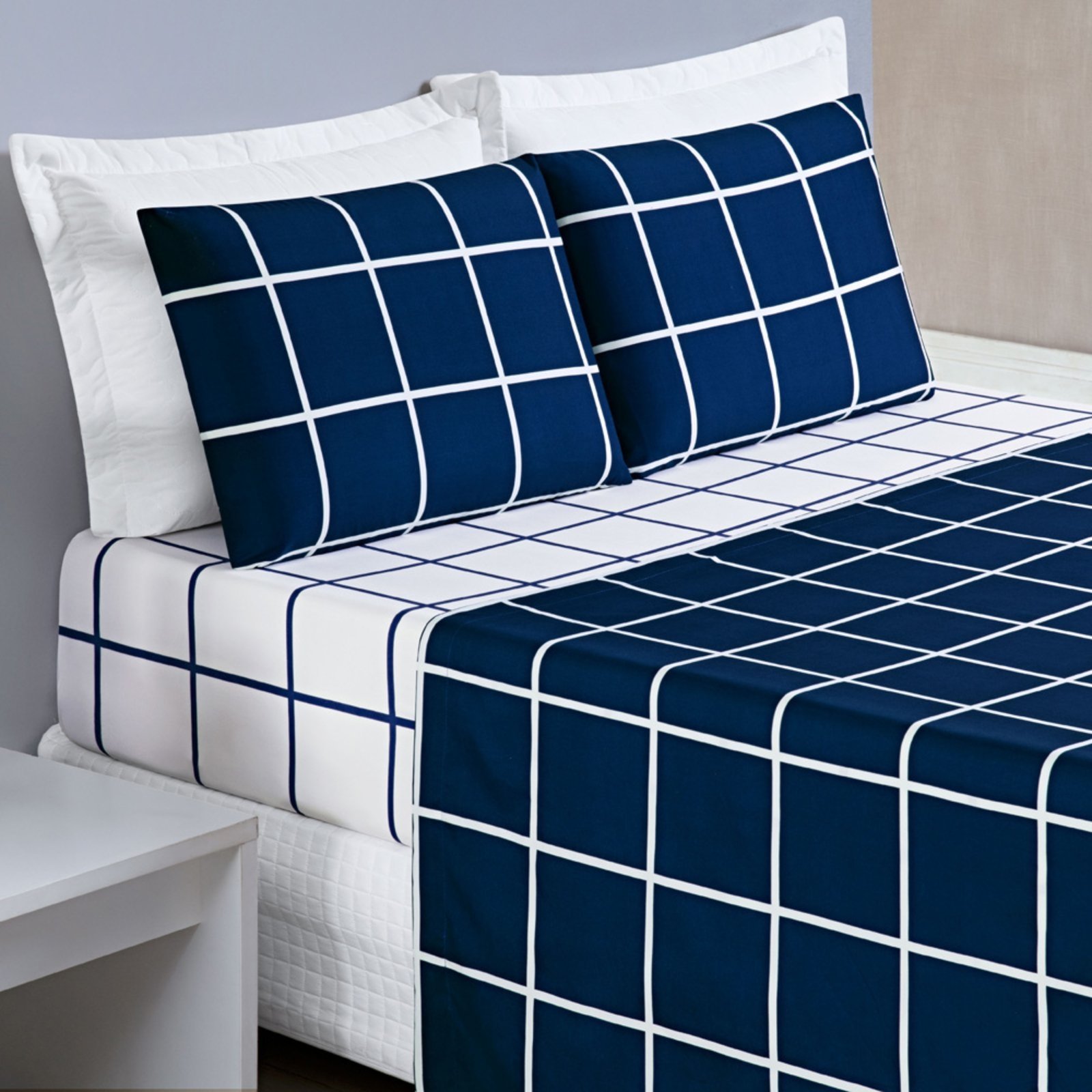 Jogo Cama Lençol Casa Scarpa Brooklyn Casal Quadriculado Micropercal 200 Fios 4 Peças - Azul Marinho