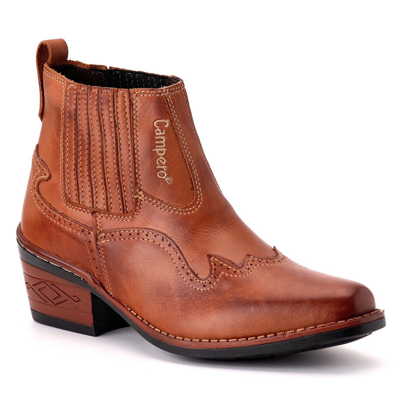 Vista 2 Bota Couro Campero Country Classica Elastico Salto Medio Pinhão caramelo Campero caramelo
