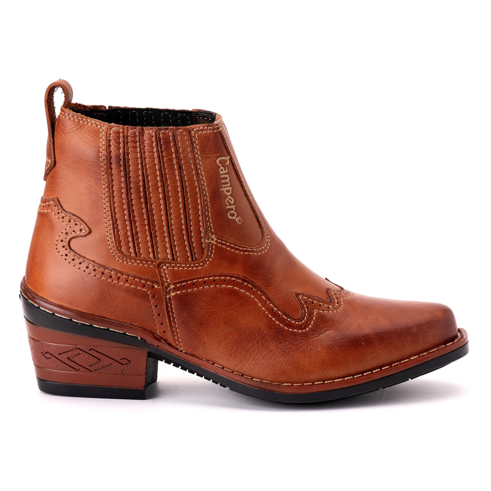 Vista 3 Bota Couro Campero Country Classica Elastico Salto Medio Pinhão caramelo Campero caramelo