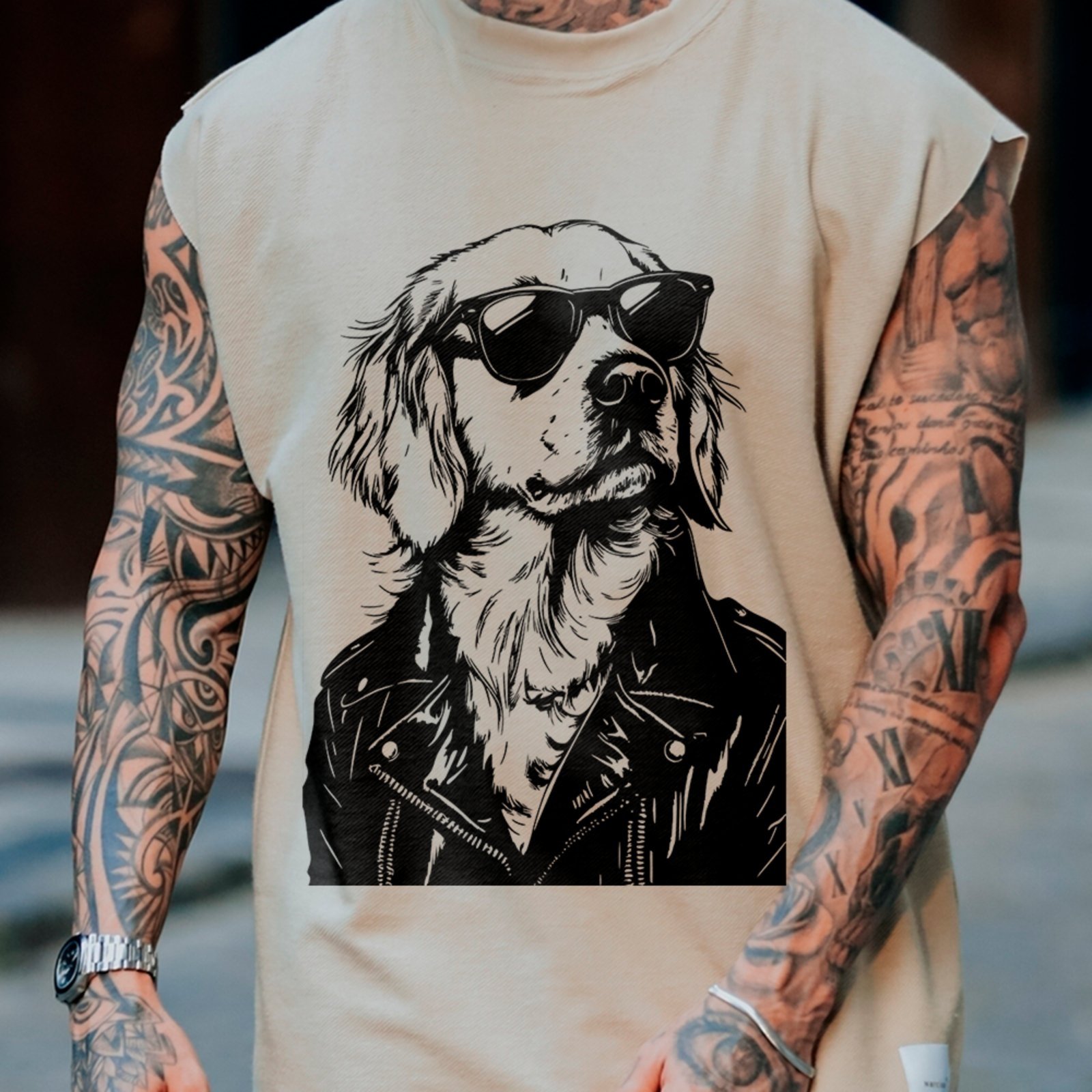 Camiseta Regata Machão Cachorro Estiloso Óculos Jaqueta Off White
