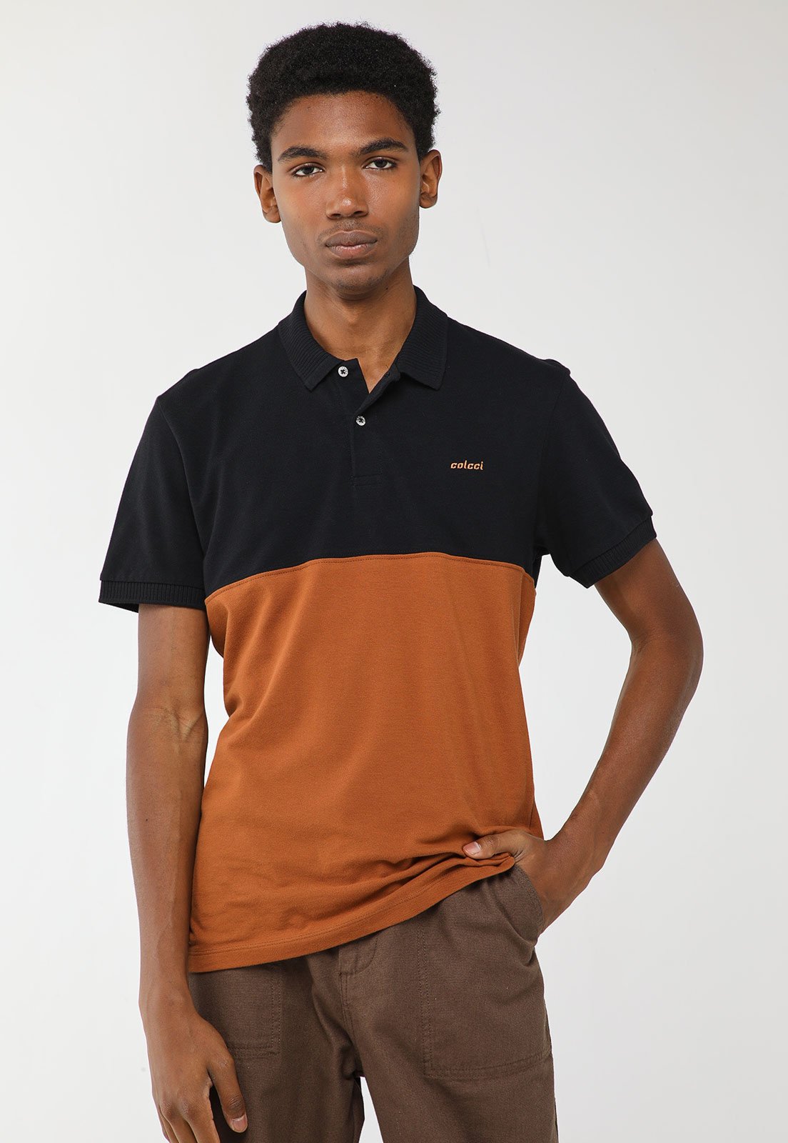 Polo Masculina Colcci Bicolor Logo Bordado Preta