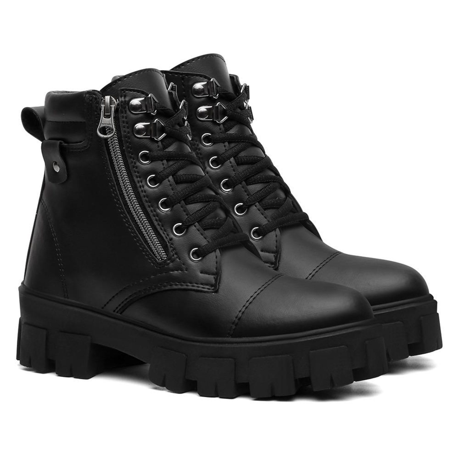 Bota Feminina Cano Curto Anna Andrade Coturno Tratorado Militar Casual Dia a Dia Conforto Preto