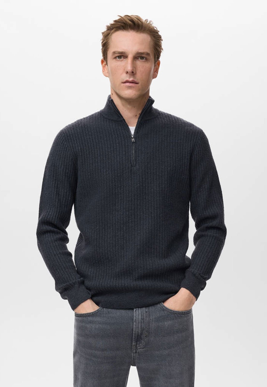 Suéter Masculino Mango Zíper Gola Alta Preto