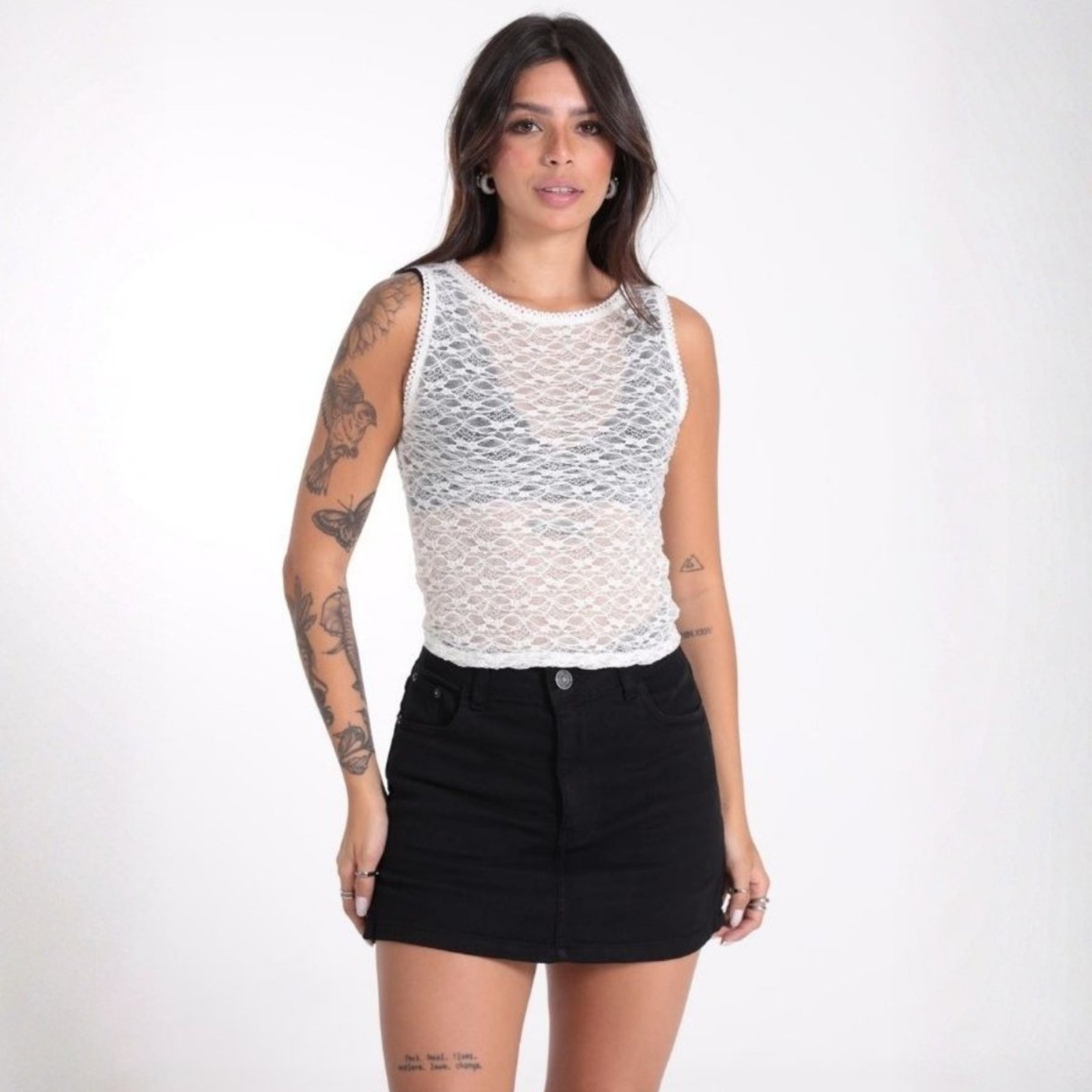 Blusa Regata Rendada com Elástico Trabalhado Feminina Revanche Lorena