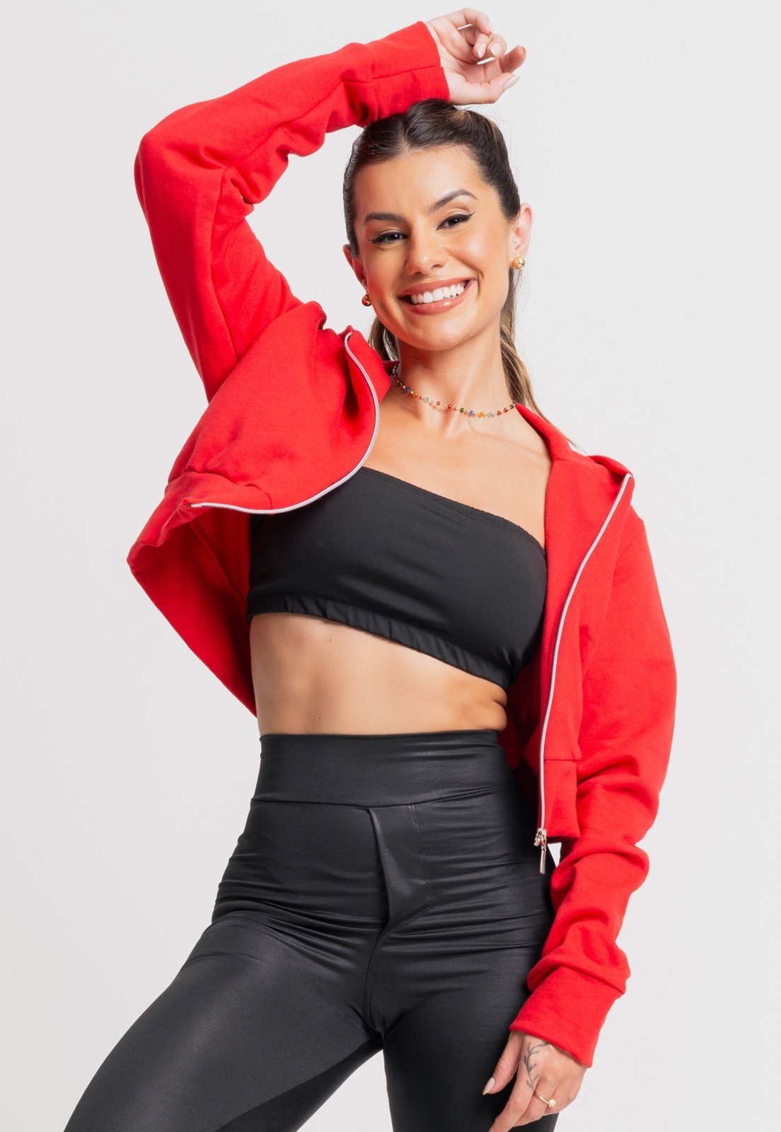 Casaco MVB Modas Bomber Ziper Moletom Cropped Flanelado Inverno Vermelho
