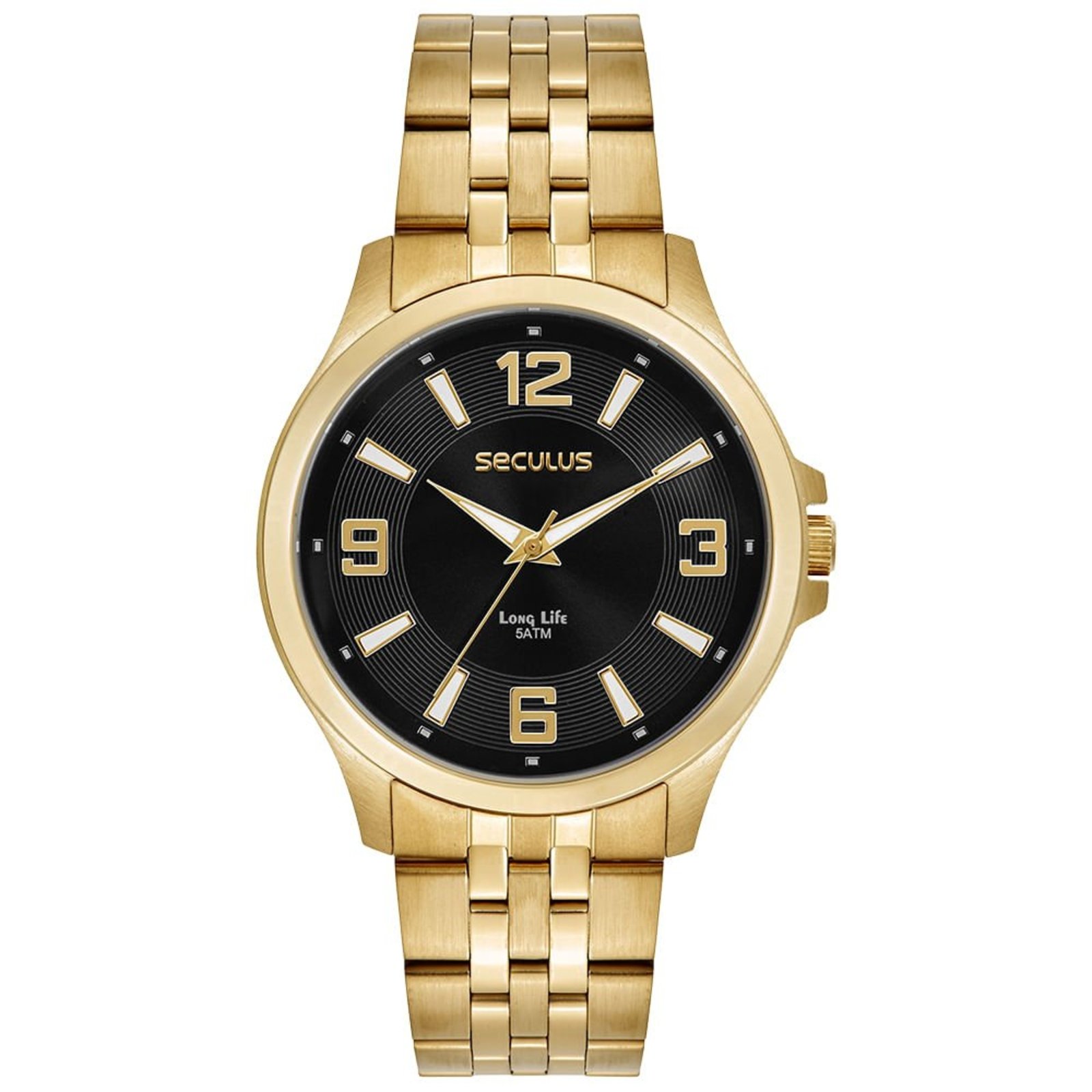 Relógio Seculus Masculino Analógico Aço Dourado Mostrador Preto Seculus