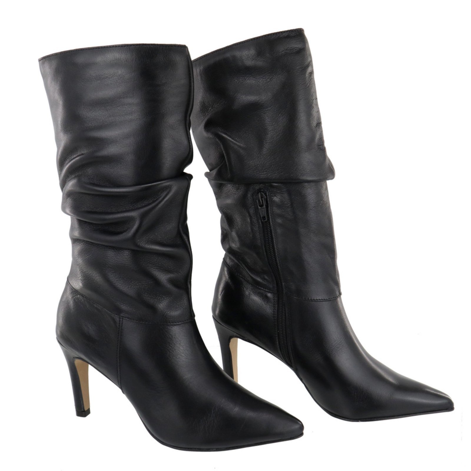 Bota Feminina Salto Fino Bico Fino Enrugada Slouchy Em Couro Maria Paula Preto
