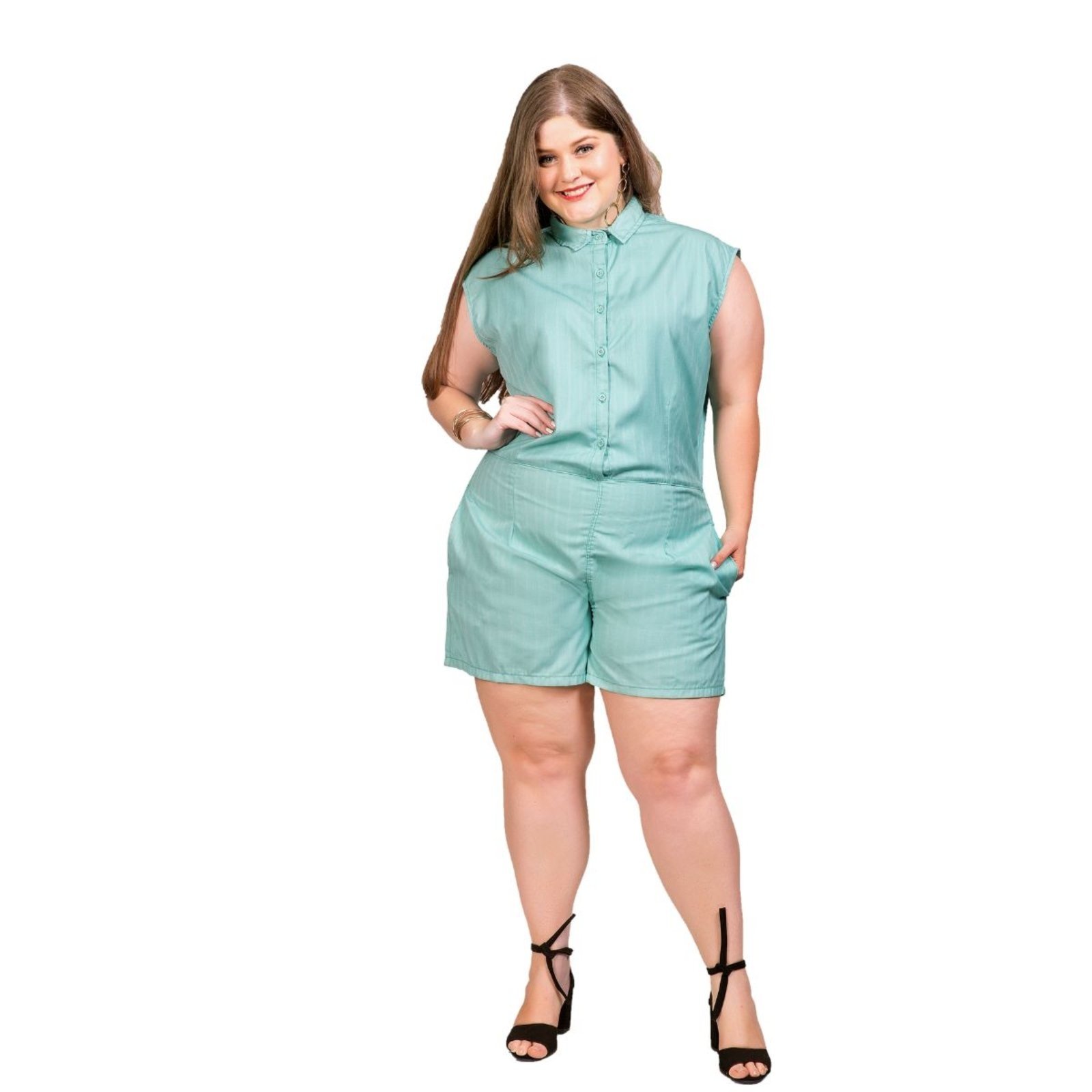Macaquinho Feminino Sarja Plus Verde Agua Com Bolso Embutido