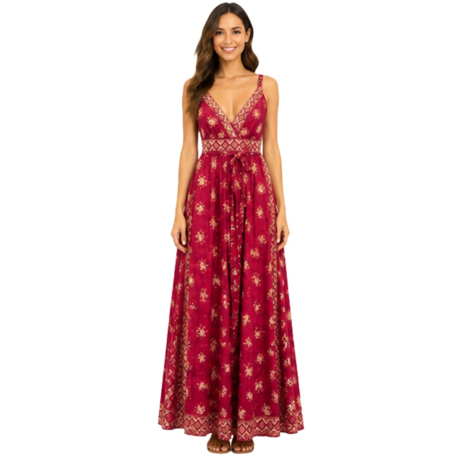 Vestido Longo Feminino Estampado Decote V Alças Reguláveis Verão Casual Vermelho