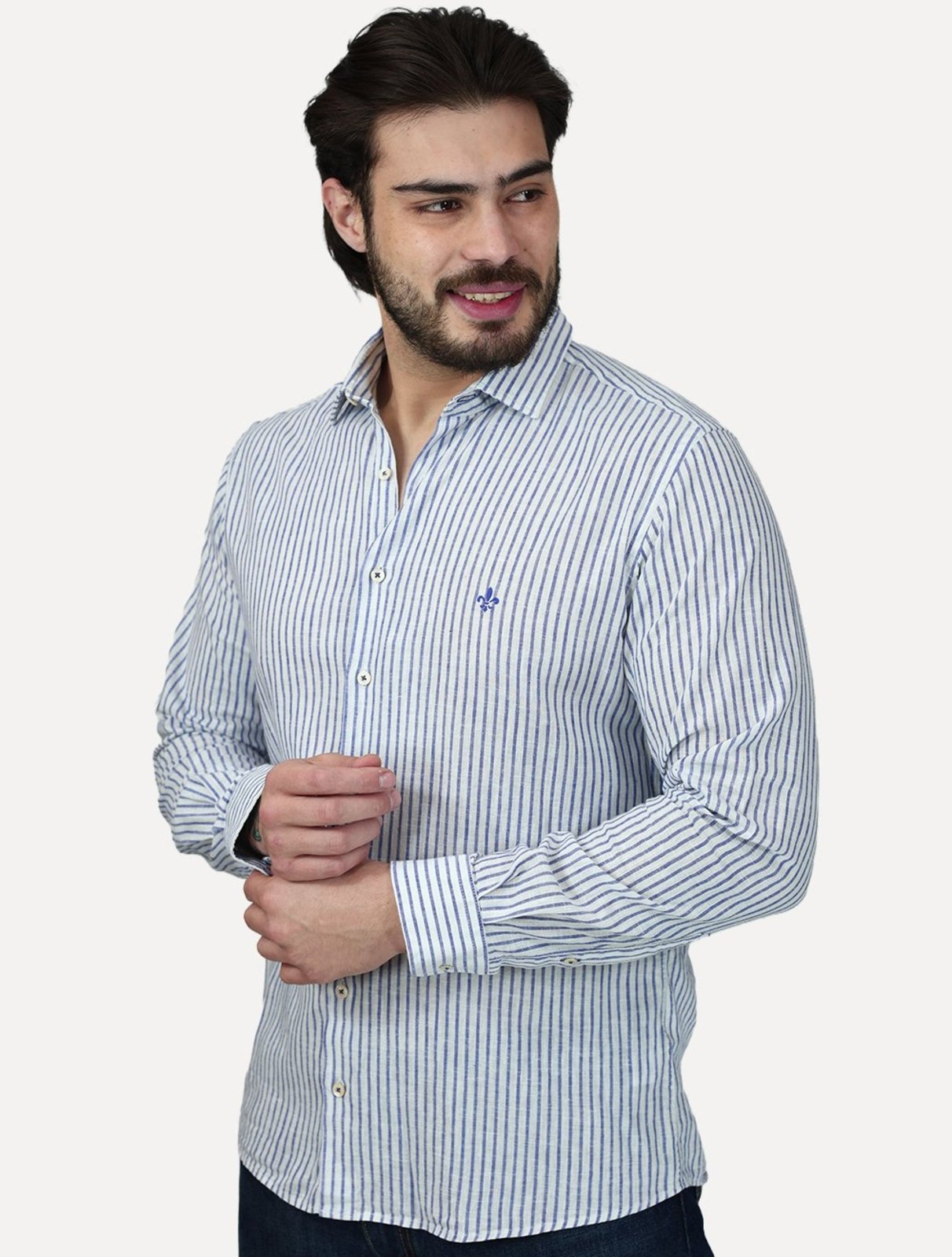 Camisa Dudalina Masculina Slim Fit Linen Blend Listras Branca