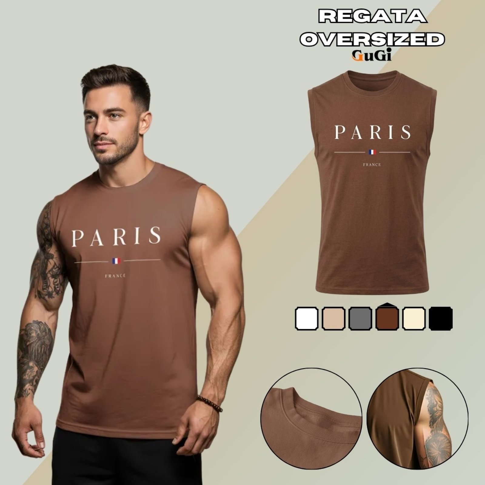 Camiseta Regata Masculina Oversized Estampada Cidade Paris 100% Algodão 30.1 Marrom