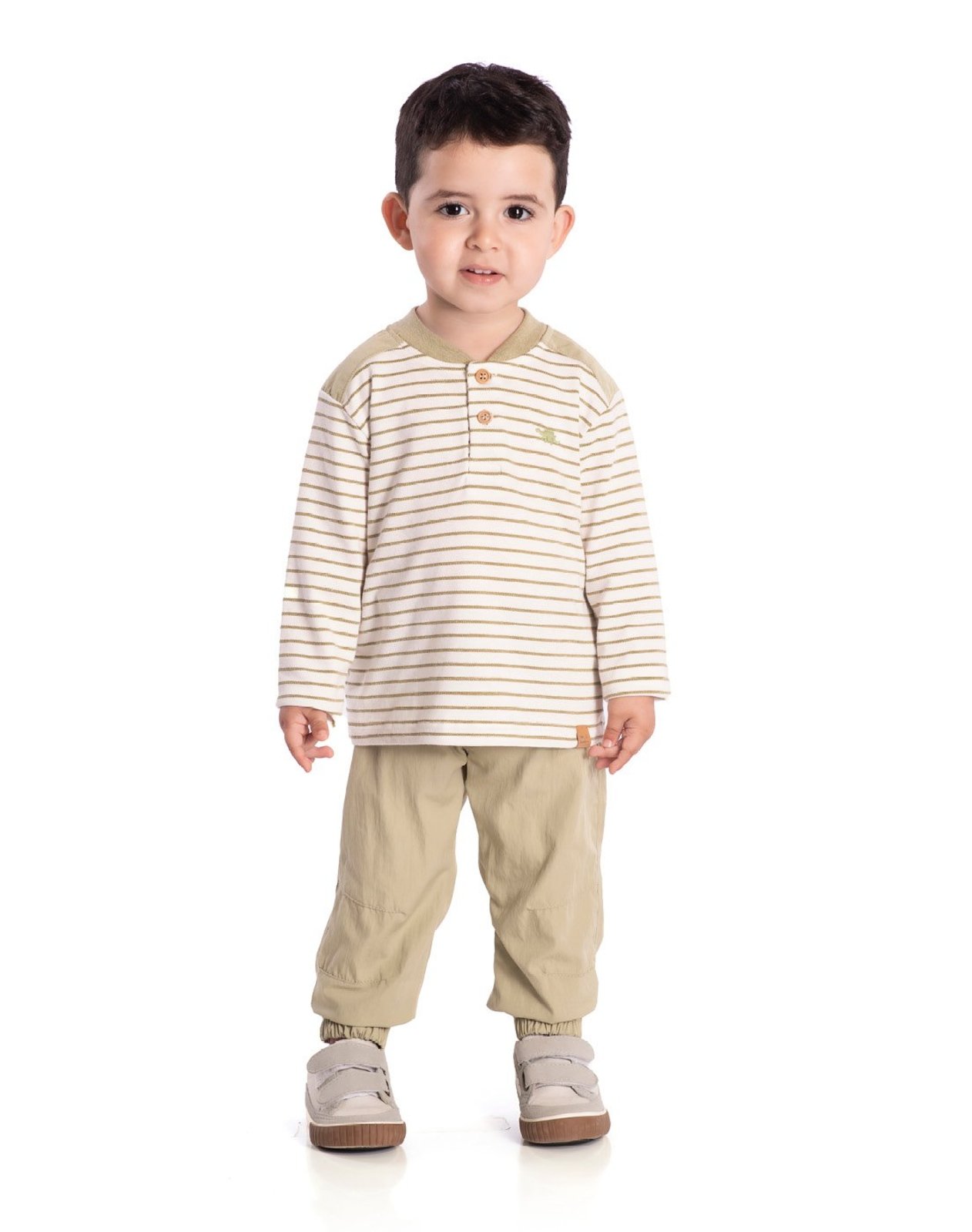 Infantil - Conj. camiseta manga longa malha listrada fio tinto + calça corta-vento verde