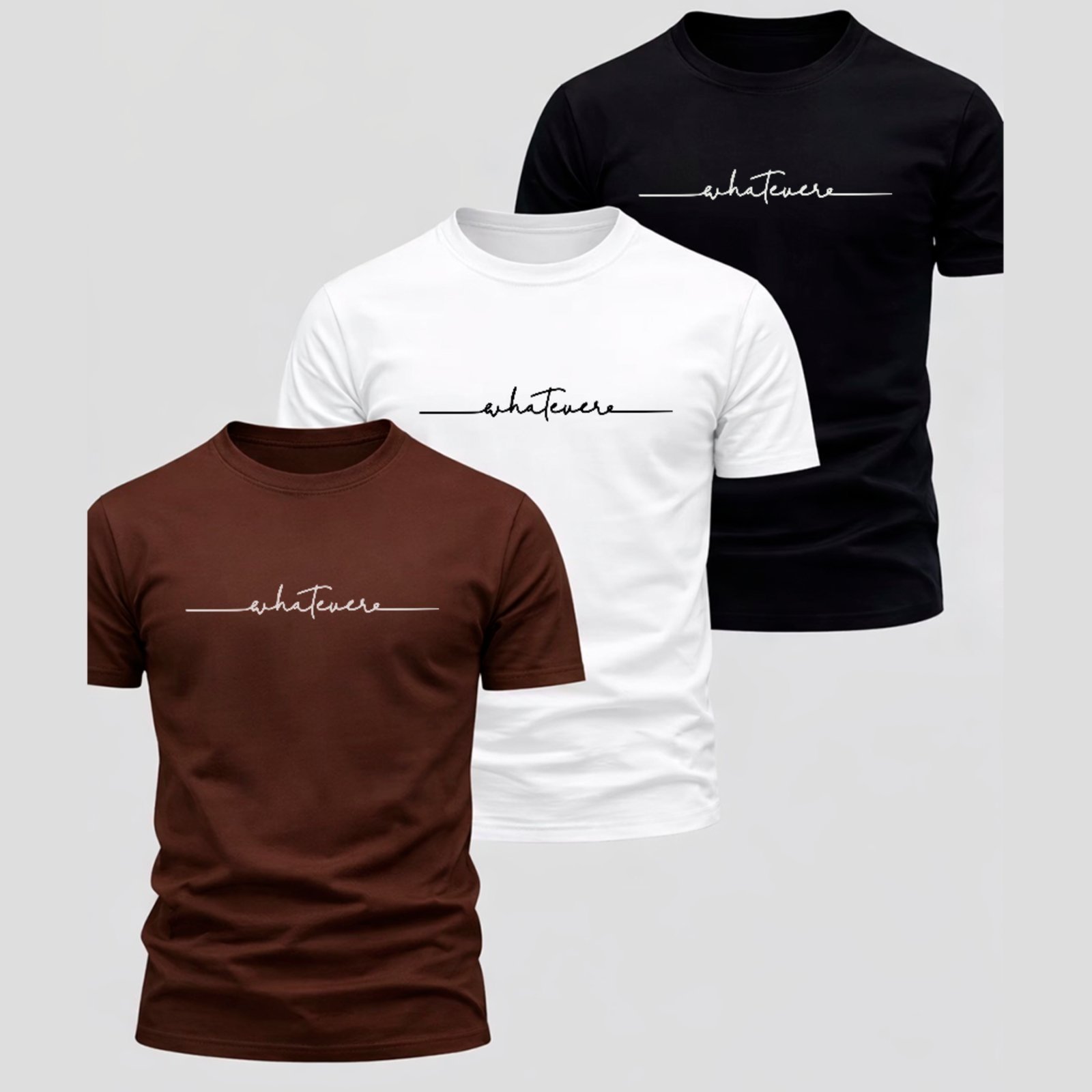Vista 2 Kit 3 Camisetas Básicas Whatever Visual Discreto Moderno Unissex Algodão Premium ousy branco/marrom/preto ousy branco/marrom/preto