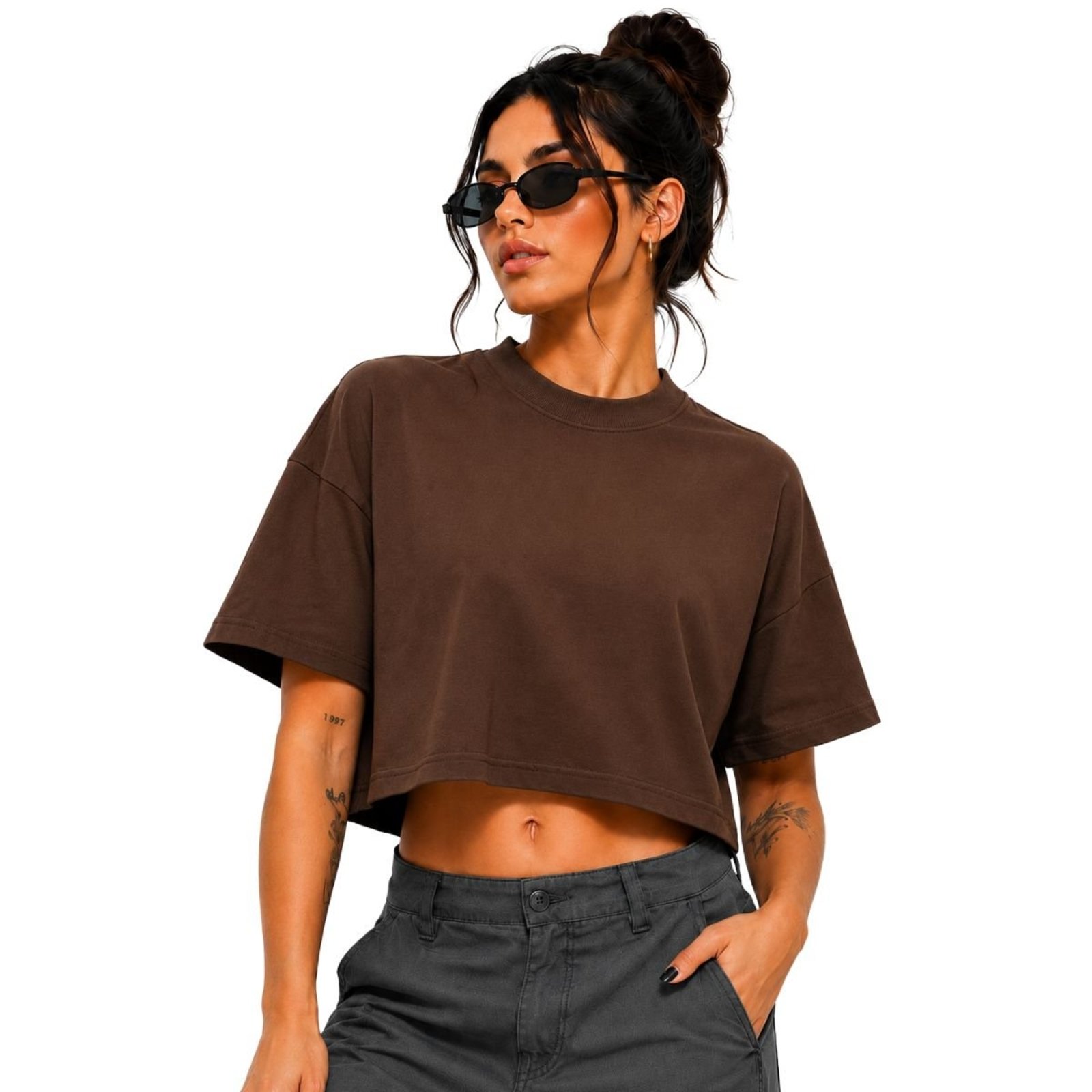 Camiseta Feminina Cropped Oversized 100% Algodão Gola Redonda Básico Confortável Casual — foto 2