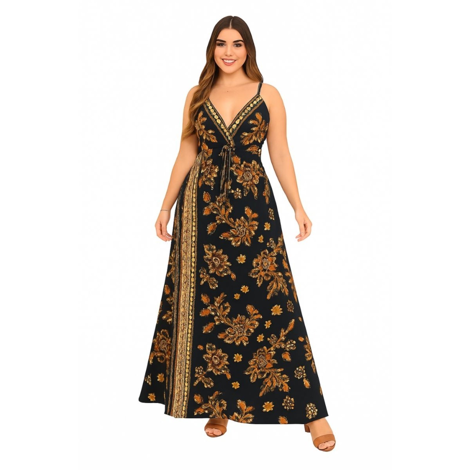 Vestido Longo Indiano FMF Estampa Linha Premium Preto