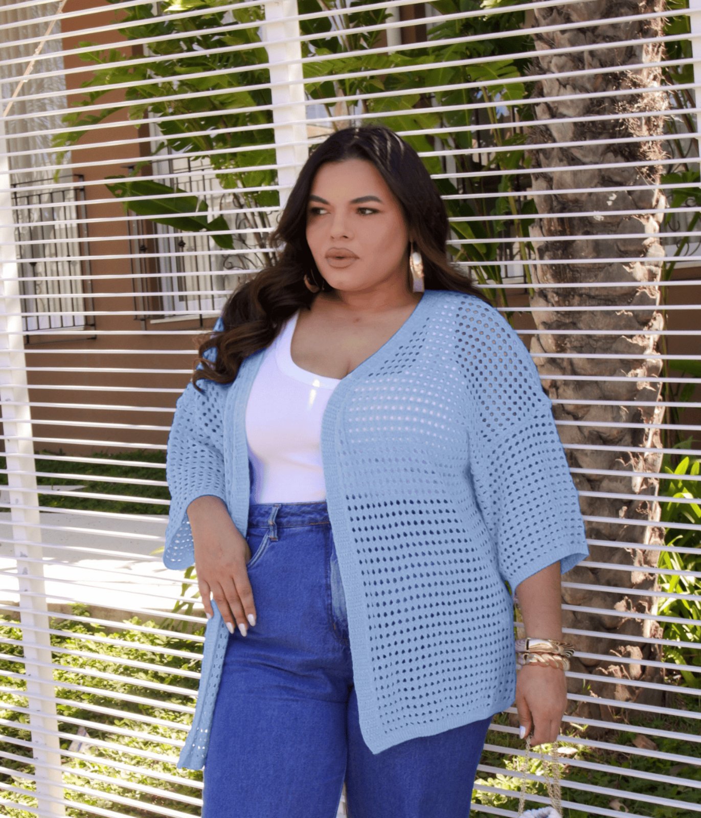 Casaco Cherry Line Kimono Vazado Plus Size Aberto Leve Manga Três Quartos Verão Tricot Azul