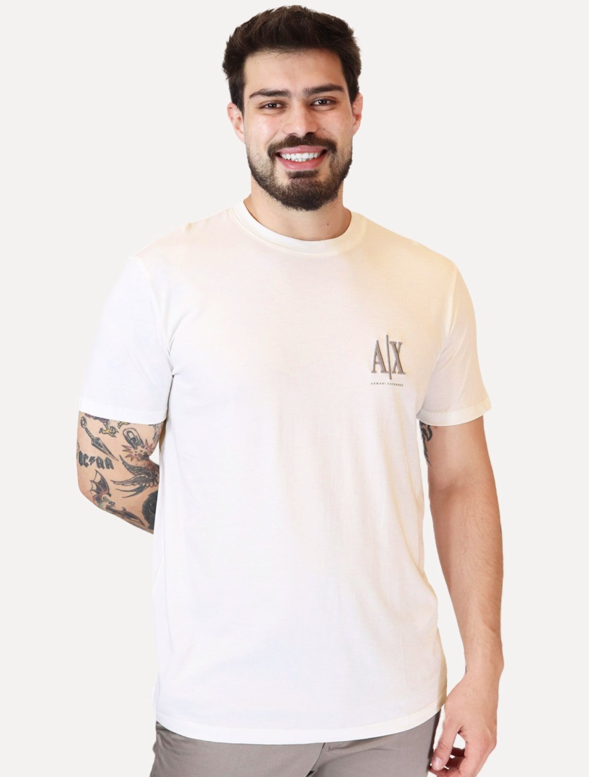 Vista 2 Camiseta Armani Exchange Masculina Embroidery AX Grey Logo Off-White off-white grey Armani Exchange off-white grey